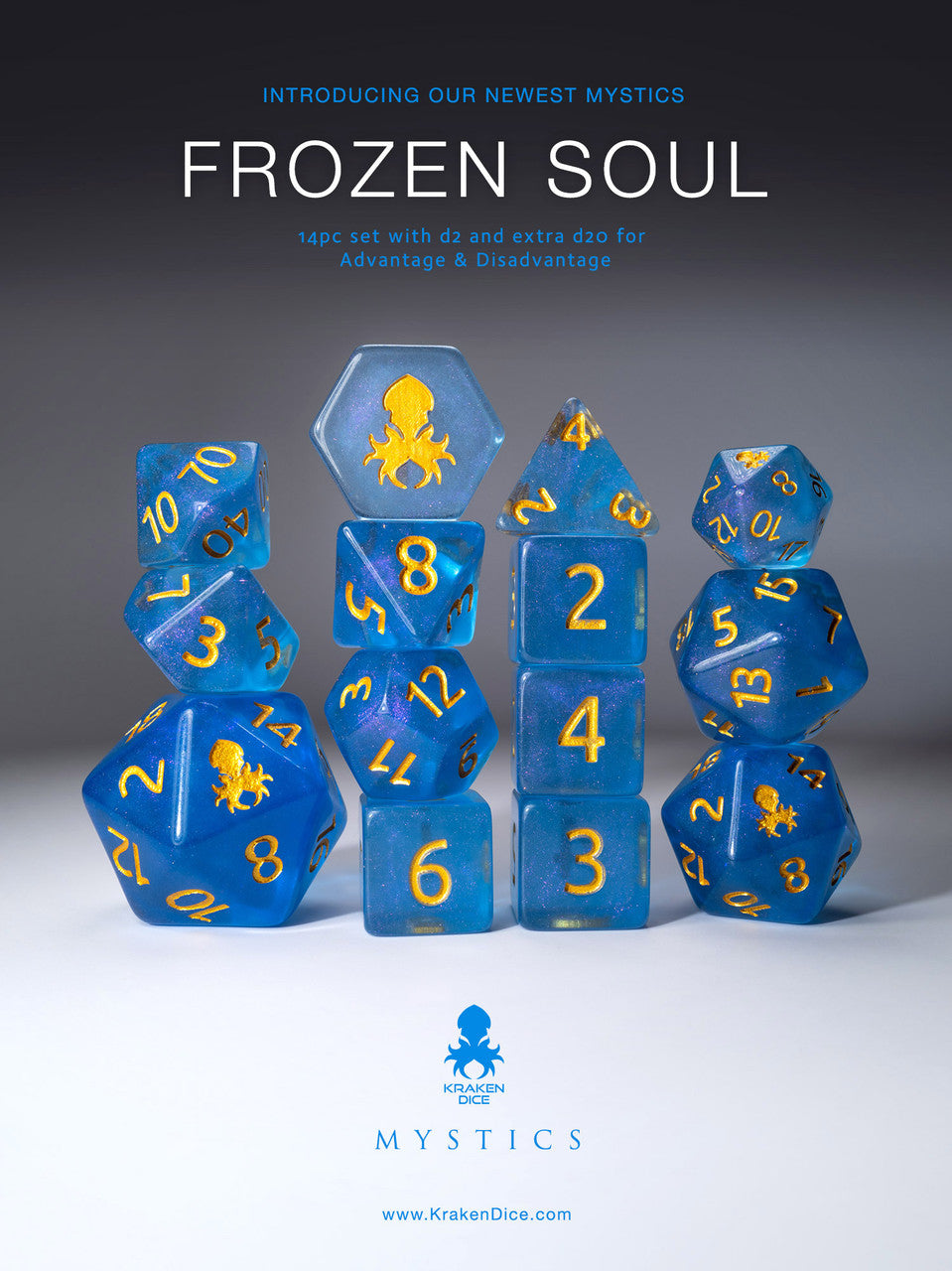 Frozen Soul 14pc Gold Ink Dice Set With Kraken Logo